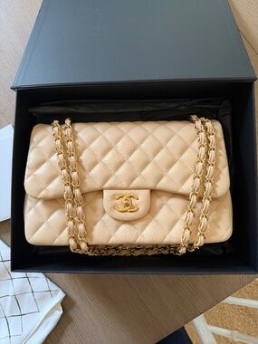 Chanel Classic double flap bag, jumbo, lambskin, beige, gold hardware